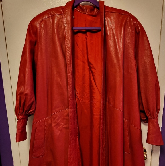 Vintage Red Leather Fall Coat. - Picture 1 of 6